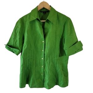 LAFAYETTE 148 Kelly Green Women's Button Front Blouse Size 8 Cuffed Sleeve Linen